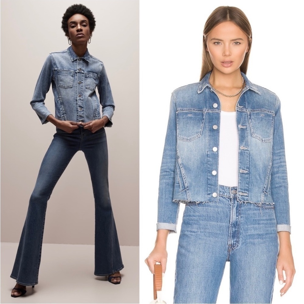 NWT L'AGENCE 90s Distressed Vintage Wash Denim Raw Hem Crop Slim Jean‎ Jacket XS